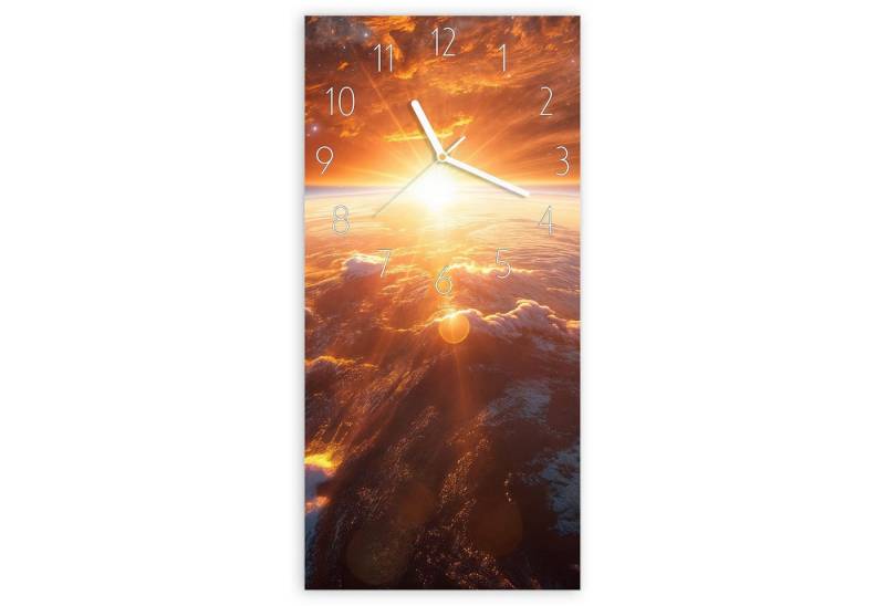 Primedeco Wanduhr Glasuhr Wandkunst Größe 30 x 60 cm mit Motiv Sonnenaufgang Erde von Primedeco