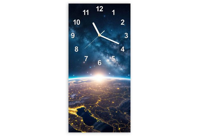 Primedeco Wanduhr Glasuhr Wandkunst Größe 30 x 60 cm mit Motiv Sonnenaufgang Erde von Primedeco