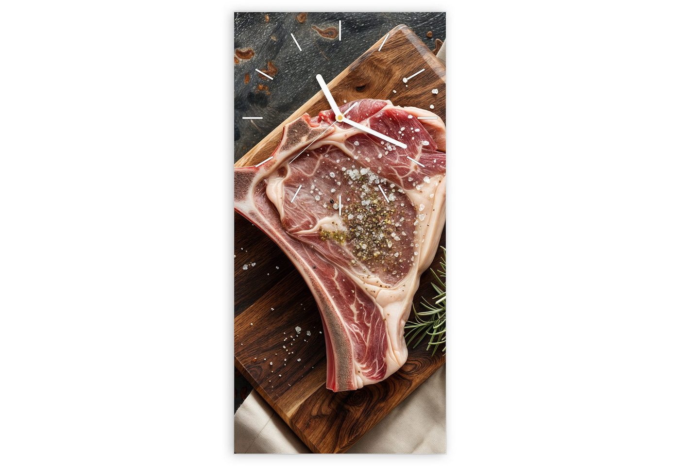 Primedeco Wanduhr Glasuhr Wandkunst Größe 30 x 60 cm mit Motiv Steakauf Holzbrett Primedeco Wanduhr Glasuhr Wandkunst Größe 30 x 60 cm mit Motiv Steakauf Holzbrett von Primedeco