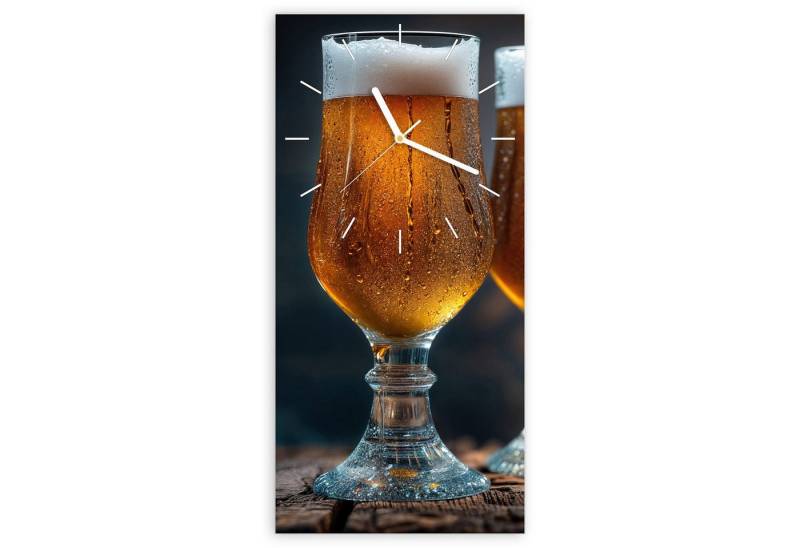 Primedeco Wanduhr Glasuhr Wandkunst Größe 30 x 60 cm mit Motiv Zwei Biergläser Holz von Primedeco