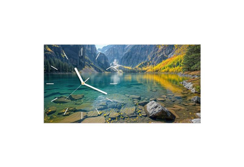 Primedeco Wanduhr Glasuhr Wandkunst Größe 60 x 30 cm mit Motiv Bergsee im Herbst von Primedeco