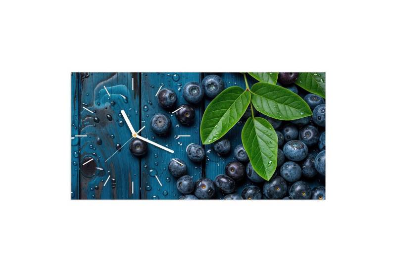 Primedeco Wanduhr Glasuhr Wandkunst Größe 60 x 30 cm mit Motiv Blaubeeren auf Holz von Primedeco