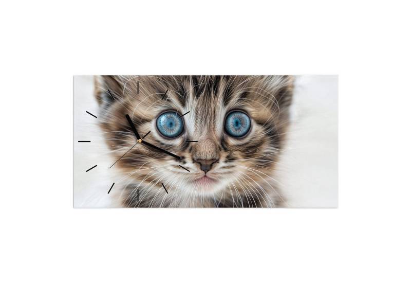 Primedeco Wanduhr Glasuhr Wandkunst Größe 60 x 30 cm mit Motiv Blaue Augen Kätzchen von Primedeco