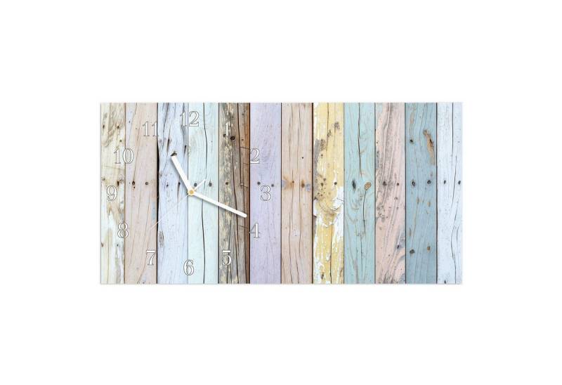 Primedeco Wanduhr Glasuhr Wandkunst Größe 60 x 30 cm mit Motiv Bunte Holzplanken von Primedeco