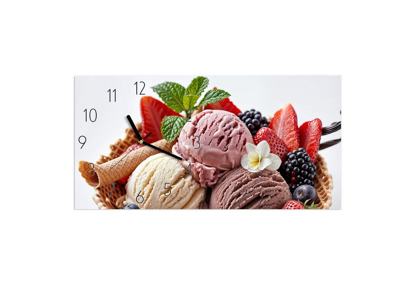 Primedeco Wanduhr Glasuhr Wandkunst Größe 60 x 30 cm mit Motiv Eiswaffelmit Obst Primedeco Wanduhr Glasuhr Wandkunst Größe 60 x 30 cm mit Motiv Eiswaffelmit Obst von Primedeco