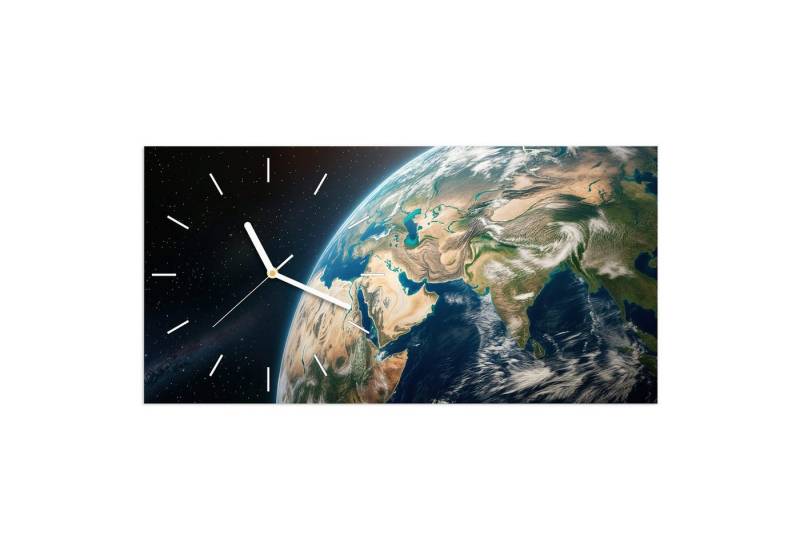 Primedeco Wanduhr Glasuhr Wandkunst Größe 60 x 30 cm mit Motiv Erde aus dem All von Primedeco