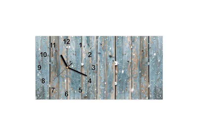 Primedeco Wanduhr Glasuhr Wandkunst Größe 60 x 30 cm mit Motiv Holz mit Schnee von Primedeco