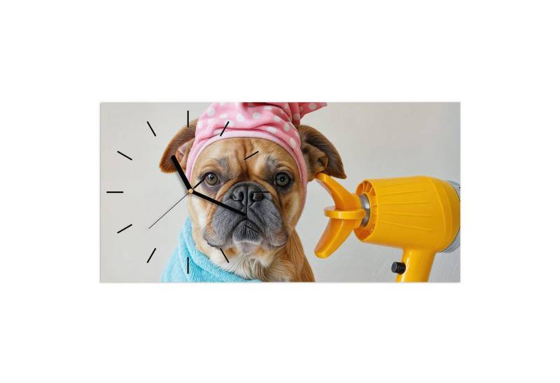 Primedeco Wanduhr Glasuhr Wandkunst Größe 60 x 30 cm mit Motiv Hund mit Badehandtuch von Primedeco