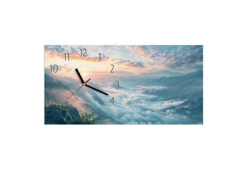 Primedeco Wanduhr Glasuhr Wandkunst Größe 60 x 30 cm mit Motiv Morgennebel in Bergen von Primedeco