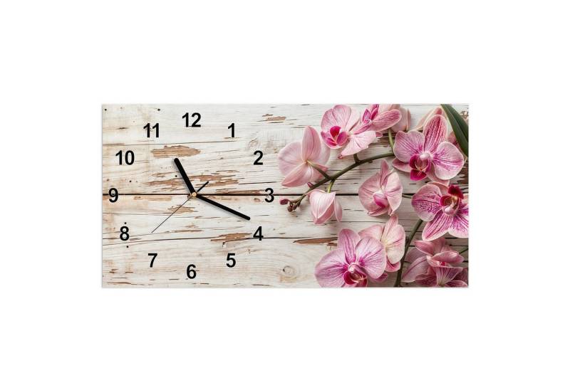 Primedeco Wanduhr Glasuhr Wandkunst Größe 60 x 30 cm mit Motiv Orchideen auf Holz von Primedeco