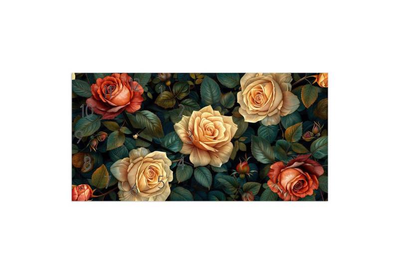 Primedeco Wanduhr Glasuhr Wandkunst Größe 60 x 30 cm mit Motiv Rosenmuster Blumen von Primedeco