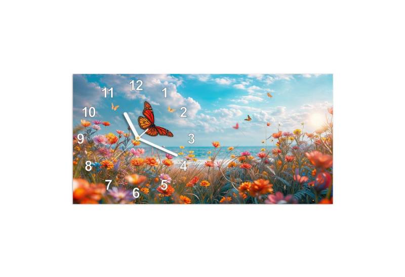 Primedeco Wanduhr Glasuhr Wandkunst Größe 60 x 30 cm mit Motiv Sommerblumenwiese von Primedeco