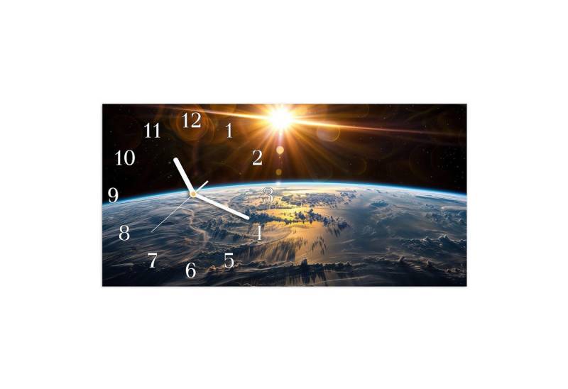 Primedeco Wanduhr Glasuhr Wandkunst Größe 60 x 30 cm mit Motiv Sonnenaufgang Erde von Primedeco