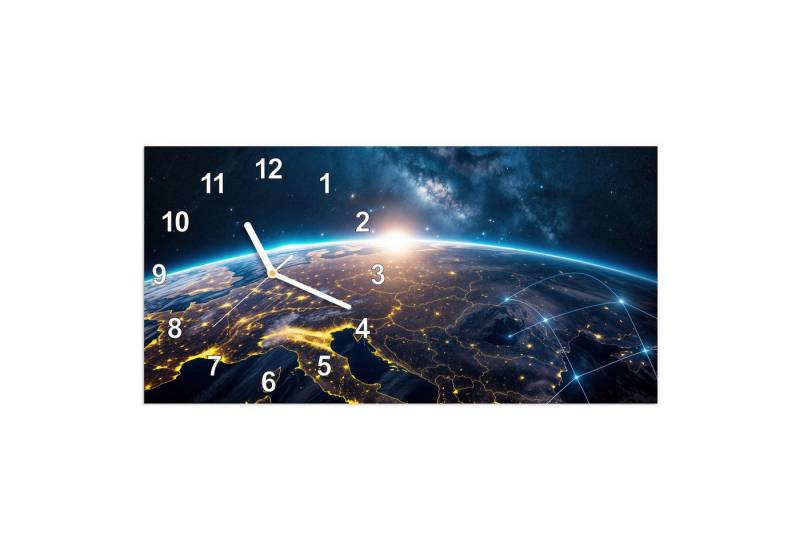 Primedeco Wanduhr Glasuhr Wandkunst Größe 60 x 30 cm mit Motiv Sonnenaufgang Erde von Primedeco