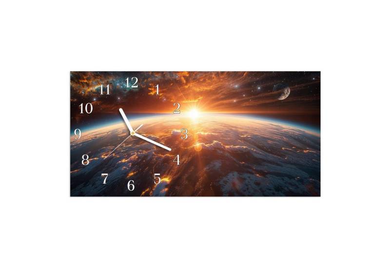 Primedeco Wanduhr Glasuhr Wandkunst Größe 60 x 30 cm mit Motiv Sonnenaufgang Erde von Primedeco