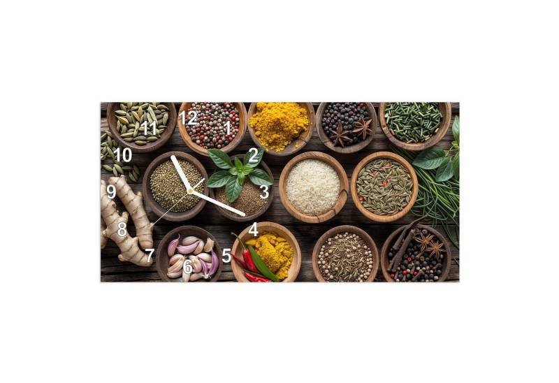 Primedeco Wanduhr Glasuhr Wandkunst Größe 60 x 30 cm mit Motiv Verschiedene Gewürze von Primedeco