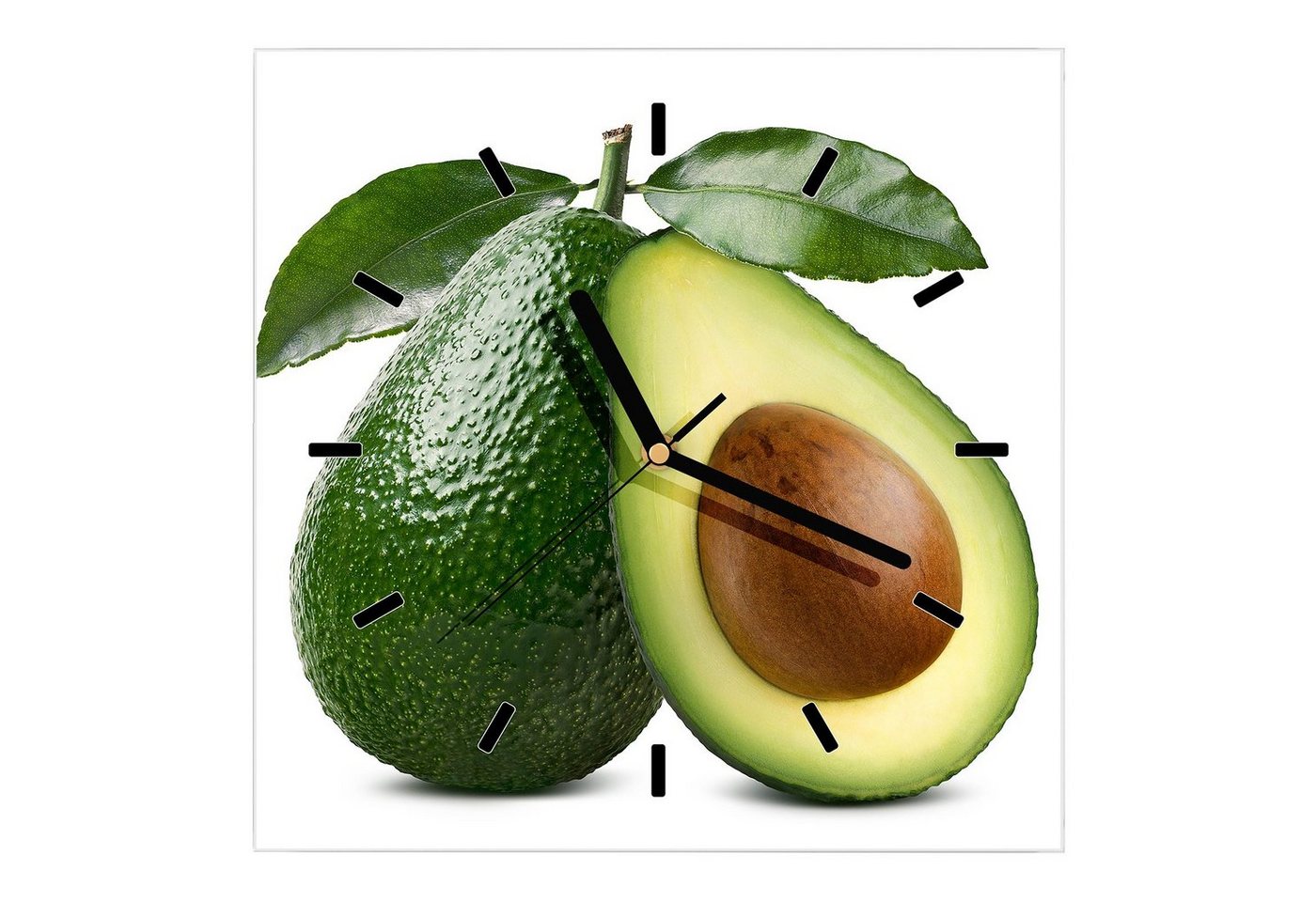 Primedeco Wanduhr Glasuhr Wanduhr Wandkunst Größe 30 x 30 cm mit Motiv Avocado mit Blatt von Primedeco