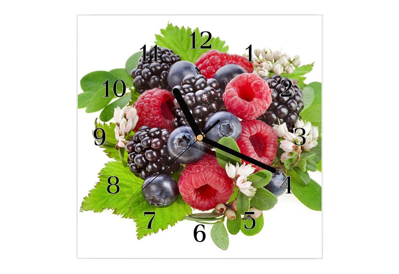 Primedeco Wanduhr Glasuhr Wanduhr Wandkunst Größe 30 x 30 cm mit Motiv Beeren mit Blumen von Primedeco