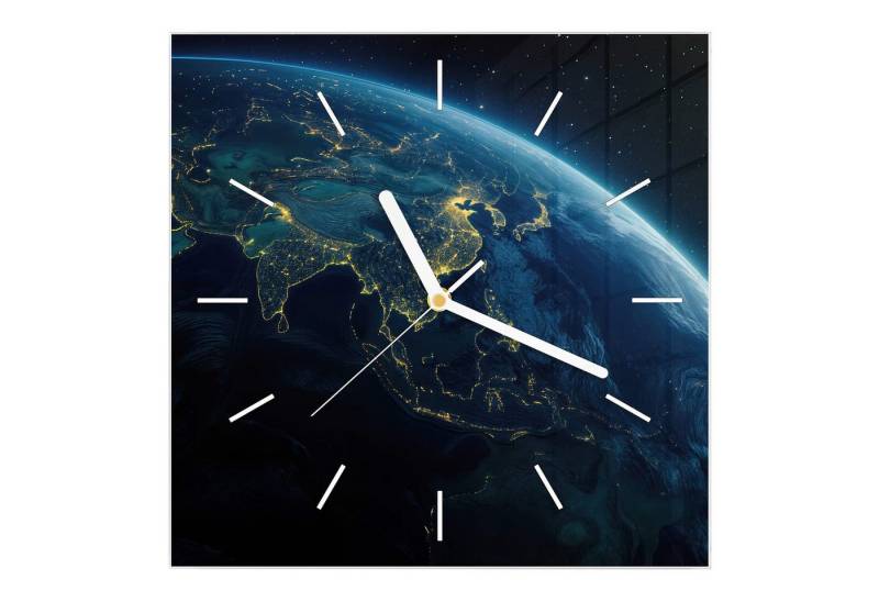 Primedeco Wanduhr Glasuhr Wanduhr Wandkunst Größe 30 x 30 cm mit Motiv Erde bei Nacht von Primedeco
