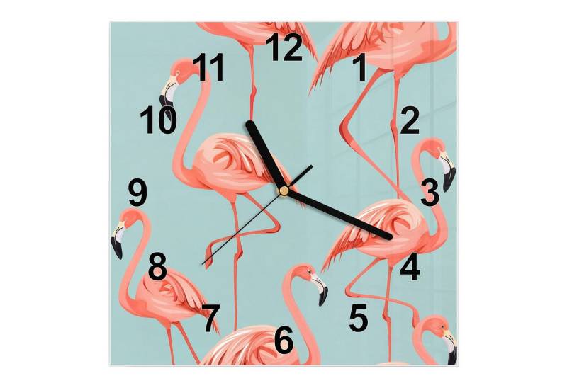 Primedeco Wanduhr Glasuhr Wanduhr Wandkunst Größe 30 x 30 cm mit Motiv Flamingo Design von Primedeco
