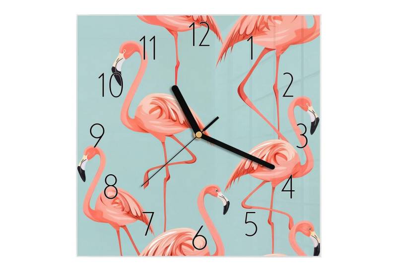 Primedeco Wanduhr Glasuhr Wanduhr Wandkunst Größe 30 x 30 cm mit Motiv Flamingo Design von Primedeco