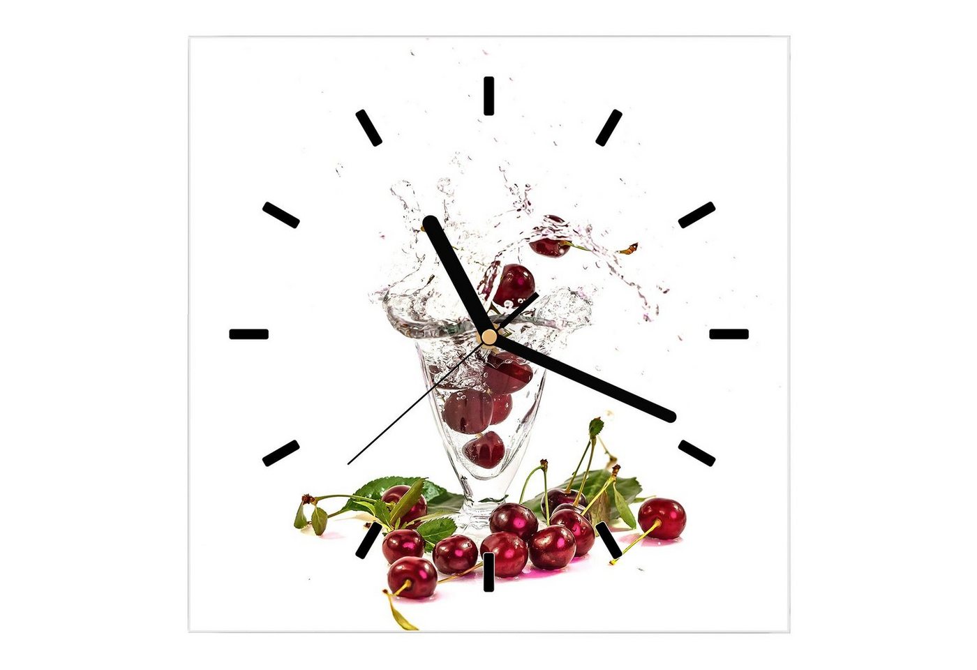 Primedeco Wanduhr Glasuhr Wanduhr Wandkunst Größe 30 x 30 cm mit Motiv Himbeeren in Wasserglas von Primedeco