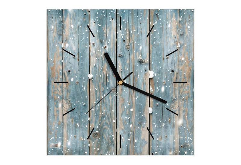 Primedeco Wanduhr Glasuhr Wanduhr Wandkunst Größe 30 x 30 cm mit Motiv Holz mit Schnee von Primedeco