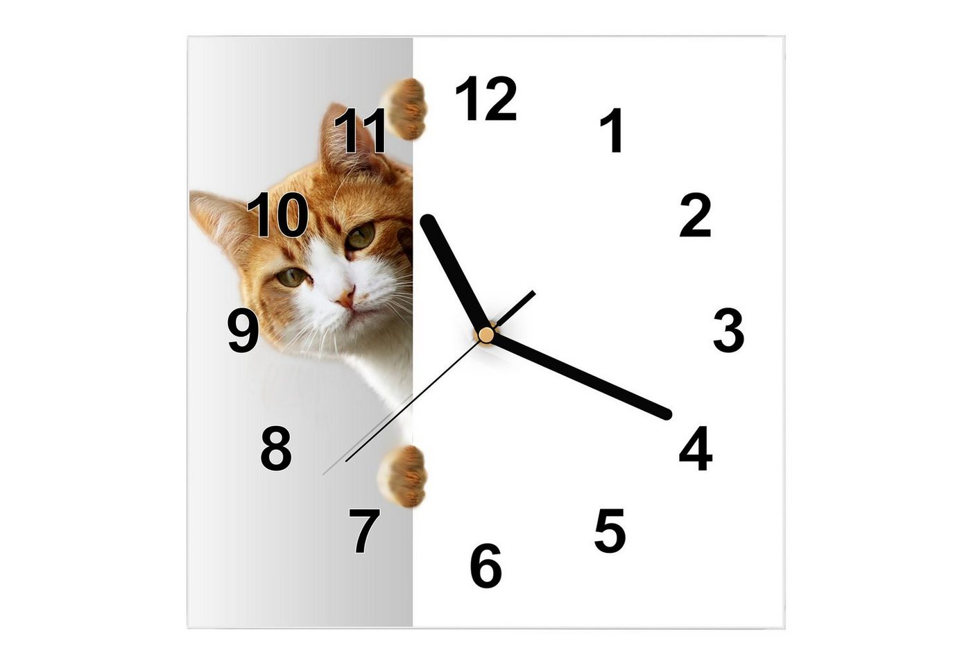 Primedeco Wanduhr Glasuhr Wanduhr Wandkunst Größe 30 x 30 cm mit Motiv Katze hinter Tür von Primedeco