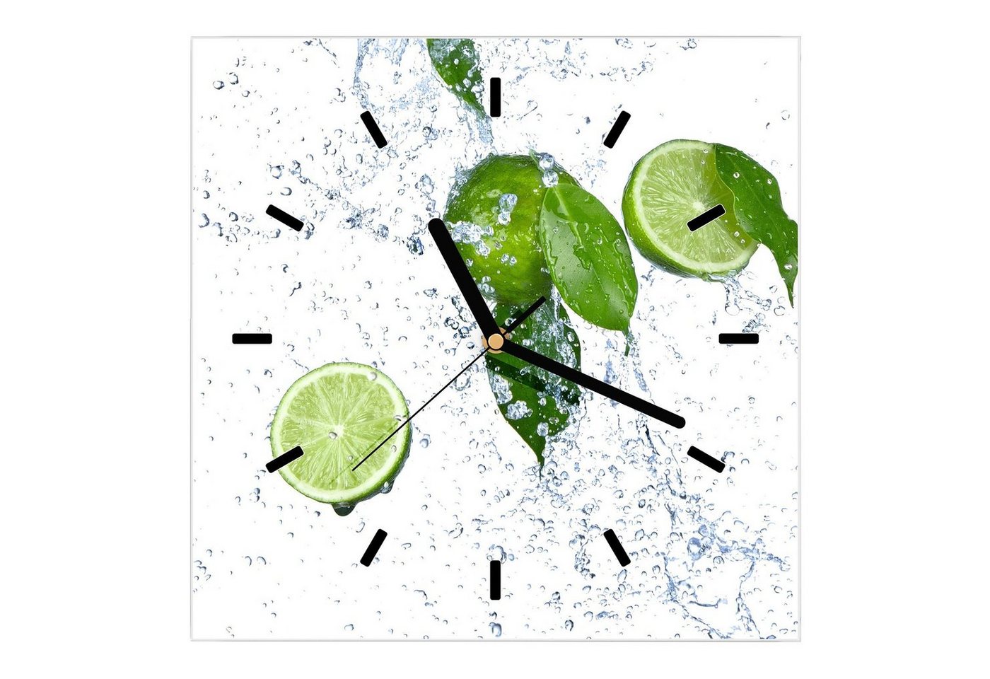 Primedeco Wanduhr Glasuhr Wanduhr Wandkunst Größe 30 x 30 cm mit Motiv Limetten im Wassersplash von Primedeco