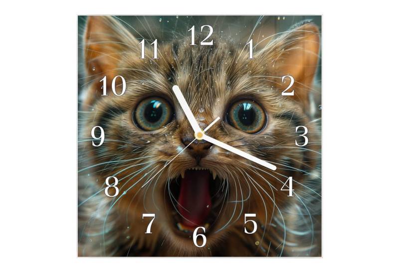 Primedeco Wanduhr Glasuhr Wanduhr Wandkunst Größe 30 x 30 cm mit Motiv Nasse Katze von Primedeco