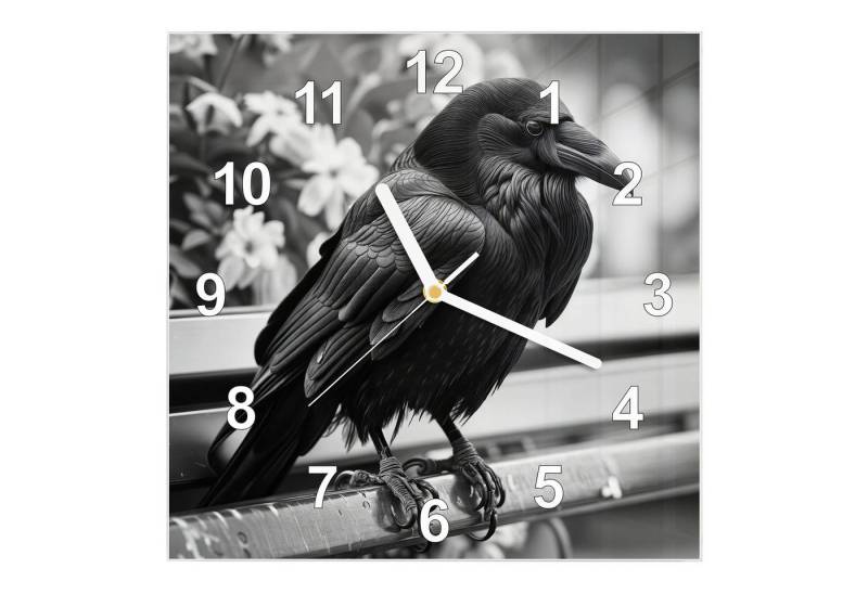 Primedeco Wanduhr Glasuhr Wanduhr Wandkunst Größe 30 x 30 cm mit Motiv Rabe auf Bank von Primedeco