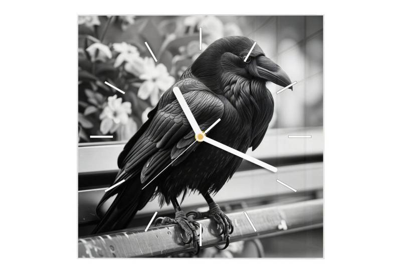 Primedeco Wanduhr Glasuhr Wanduhr Wandkunst Größe 30 x 30 cm mit Motiv Rabe auf Bank von Primedeco