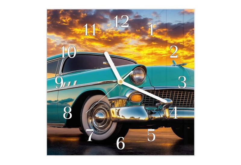 Primedeco Wanduhr Glasuhr Wanduhr Wandkunst Größe 30 x 30 cm mit Motiv Retro Oldtimer von Primedeco
