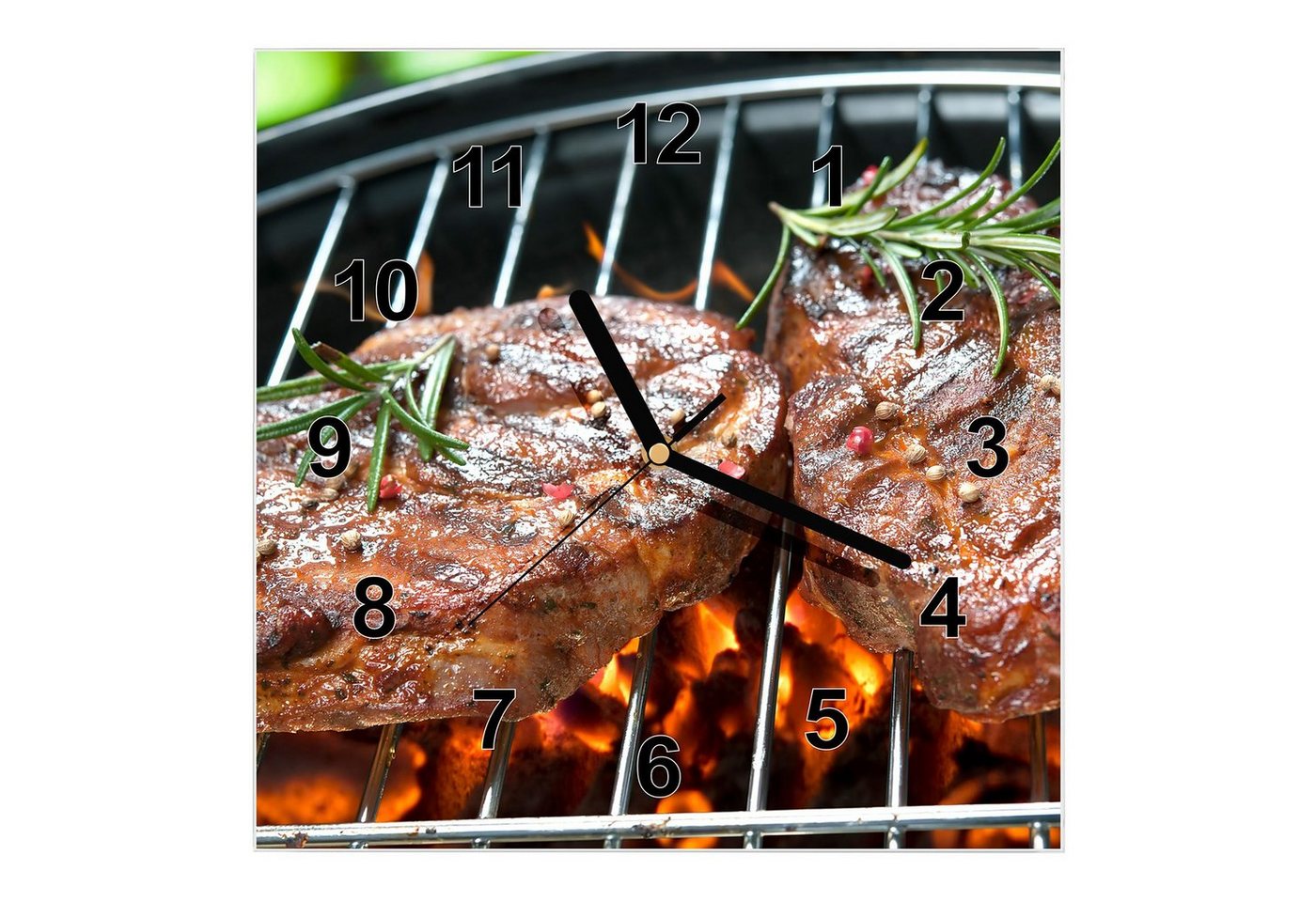 Primedeco Wanduhr Glasuhr Wanduhr Wandkunst Größe 30 x 30 cm mit Motiv Steak auf Grill von Primedeco