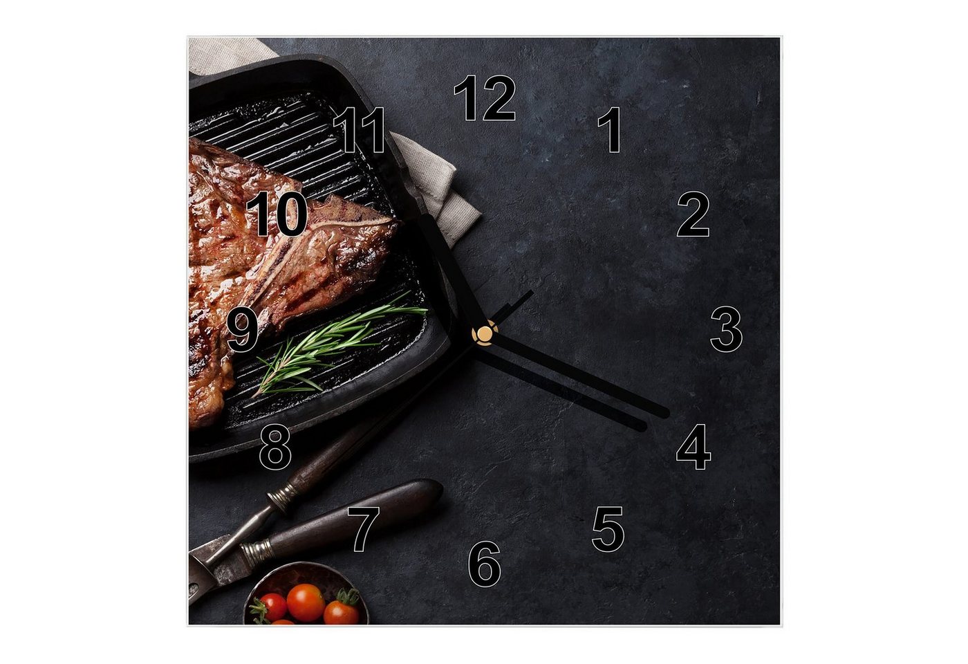 Primedeco Wanduhr Glasuhr Wanduhr Wandkunst Größe 30 x 30 cm mit Motiv T-Bone Steak in Pfanne von Primedeco