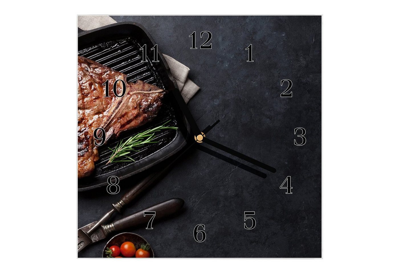 Primedeco Wanduhr Glasuhr Wanduhr Wandkunst Größe 30 x 30 cm mit Motiv T-Bone Steak in Pfanne von Primedeco