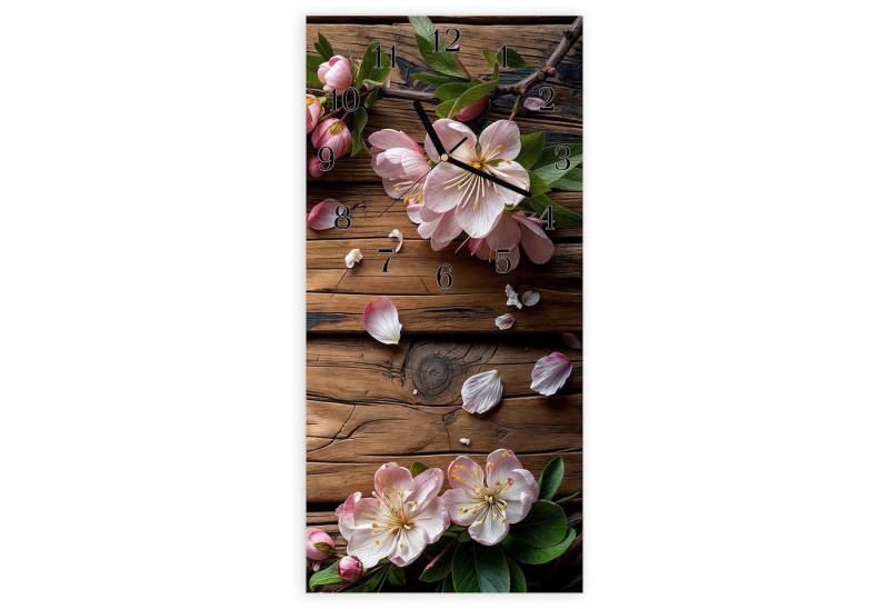 Primedeco Wanduhr Glasuhr Wandkunst Größe 30 x 60 cm mit Motiv Blüten auf Holz von Primedeco