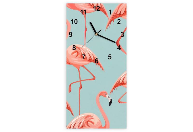 Primedeco Wanduhr Glasuhr Wandkunst Größe 30 x 60 cm mit Motiv Flamingo Design von Primedeco