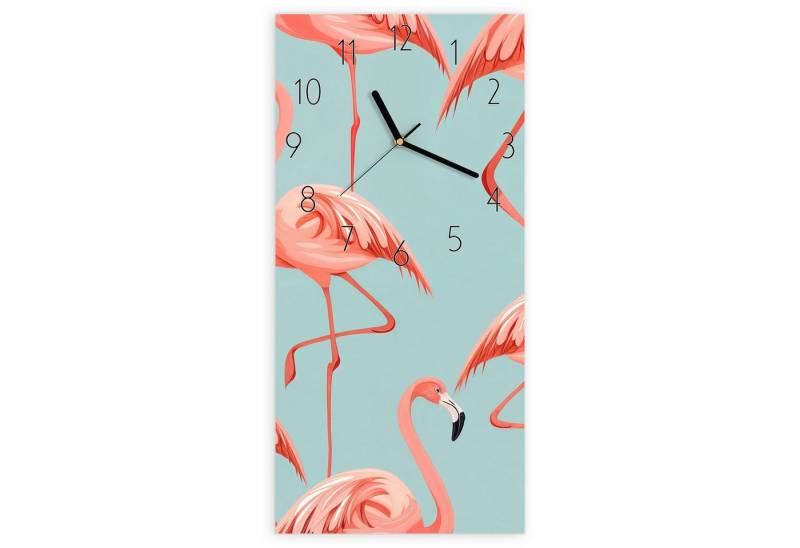 Primedeco Wanduhr Glasuhr Wandkunst Größe 30 x 60 cm mit Motiv Flamingo Design von Primedeco
