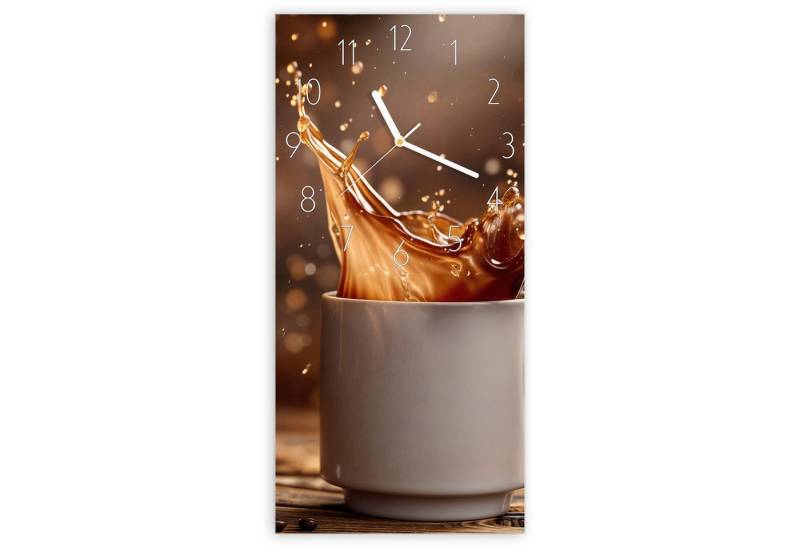 Primedeco Wanduhr Glasuhr Wandkunst Größe 30 x 60 cm mit Motiv Kaffee Spritzer von Primedeco