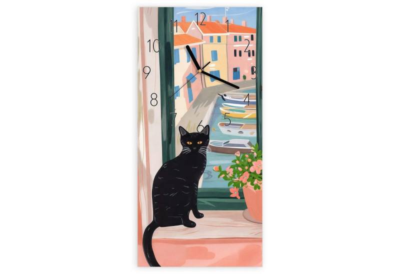 Primedeco Wanduhr Glasuhr Wandkunst Größe 30 x 60 cm mit Motiv Katze am Fenster von Primedeco