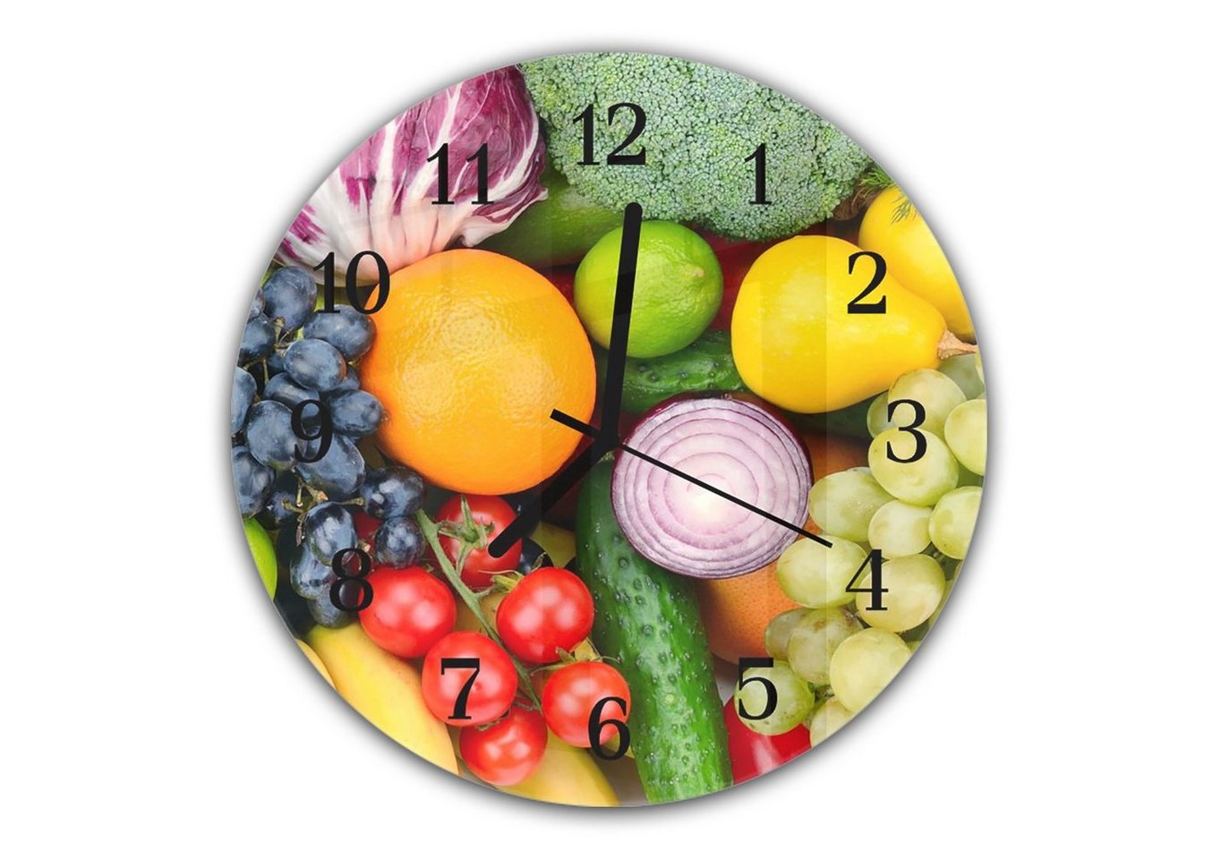 Primedeco Wanduhr Wanduhr aus Glas mit Motiv Frisches Gemüse und Obst - Rund mit Durchmesser 30 cm und Quarzuhrwerk von Primedeco