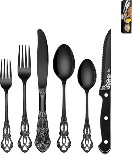 24-Stücke Schwarzes Silbergeschirr Set mit Steakmessern,Anti-Rost Edelstahl Flatware Set für 4,Geschirr Besteck Set beinhaltet Gabeln Löffel und Messer Set,Kitche Utensil Sets für Haus und Restaurant 24-Stücke Schwarzes Silbergeschirr Set mit Steakmessern,Anti-Rost Edelstahl Flatware Set für 4,Geschirr Besteck Set beinhaltet Gabeln Löffel und Messer Set,Kitche Utensil Sets für Haus und Restaurant von Primepixell