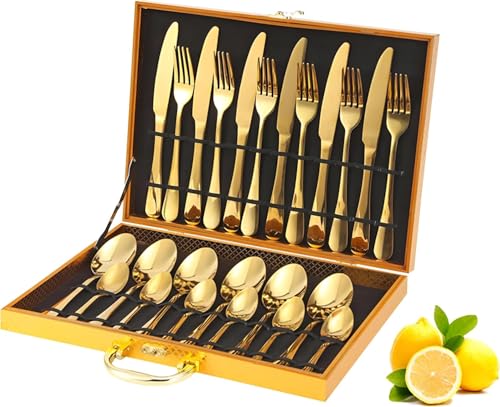 Gold Silbergeschirr Set, 24-Tlg Edelstahl Flatware Set Service für 6,Langlebiges Küchengeschirr Set mit Geschenkbox Enthalten Löffel Gabeln Messer für Heimrestaurant,Geschirrspüler Sicher Gold Silbergeschirr Set, 24-Tlg Edelstahl Flatware Set Service für 6,Langlebiges Küchengeschirr Set mit Geschenkbox Enthalten Löffel Gabeln Messer für Heimrestaurant,Geschirrspüler Sicher von Primepixell