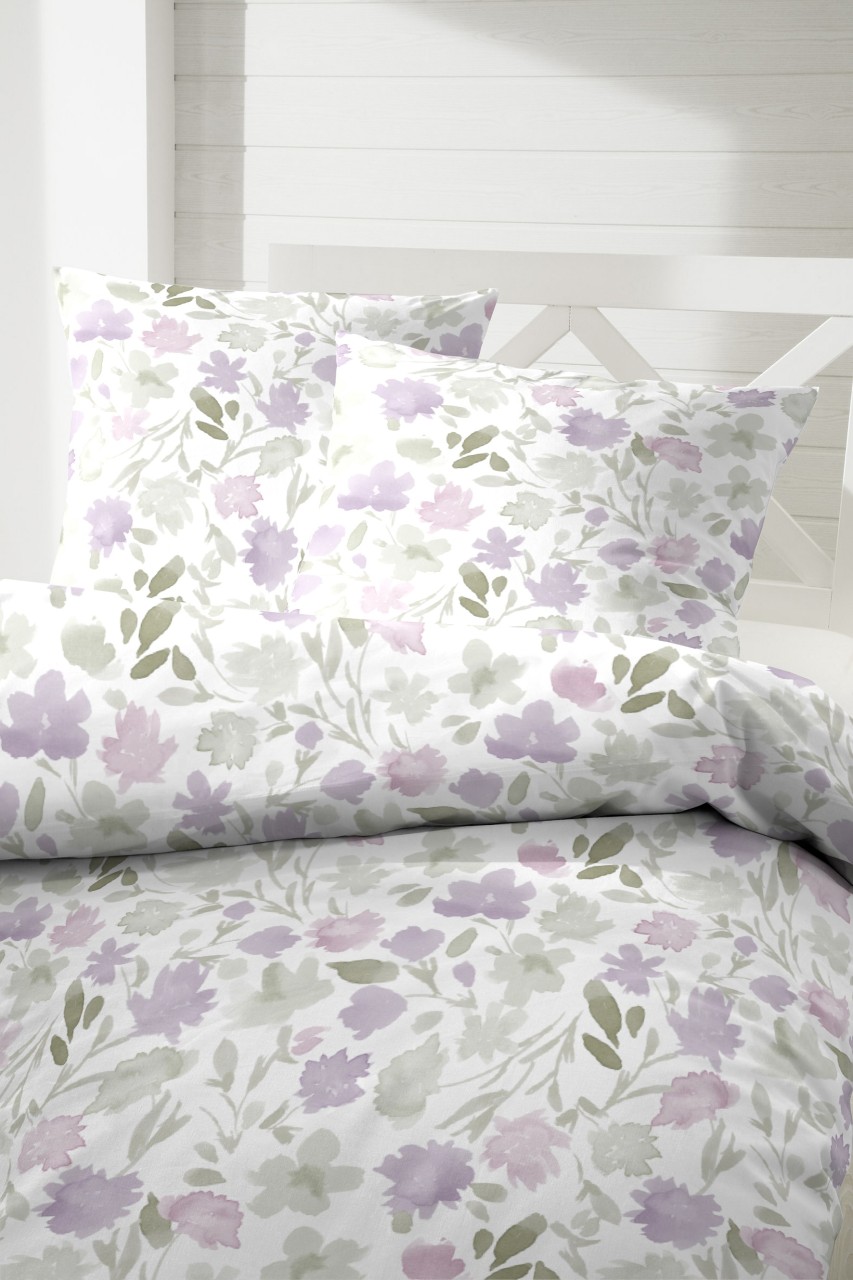 Primera Perkal Bettwäsche 155x220 Blumen lila grün weiß 133043-65 von Primera