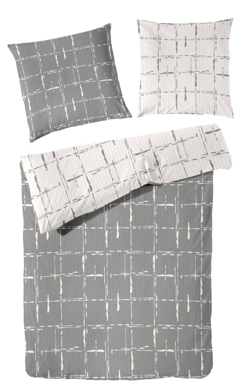 Primera Soft-Seersucker Bettwäsche 135x200 Wende Karo grau weiß stein 213065-80 von Primera