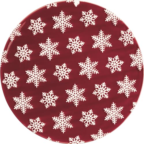 Primitives by Kathy Großer Speiseteller – roter Steinzeugteller mit weißem Schneeflocken-Muster von Primitives by Kathy