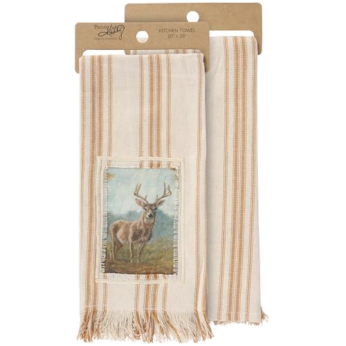 Primitives by Kathy Küchentuch – Waldhirsch aus unserer Fall & Harvest Kollektion mit einem genähten Kunst-Panel mit ausgefranstem Rand und gewebten orangefarbenen Streifen von Primitives by Kathy