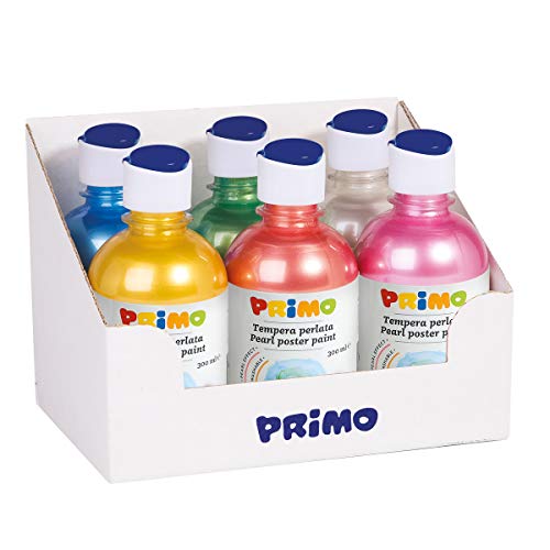 Morocolor PRIMO, 6 perlmuttfarbene Temperafarben in einer 300-ml-Flasche, Deck- und Materialeffekt, leuchtende und intensive Farben, Messkappe, auf verschiedenen Medien auf kreative Effekte zu testen von Primo