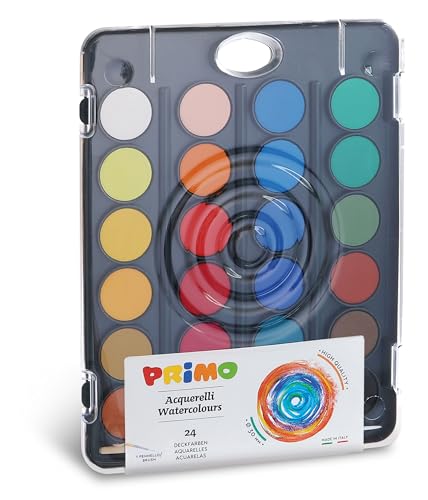 Primo – Aquarellfarben für kleine Künstler mit 12 Farben + 1 Aquarellpinsel zum Malen, Malpaletten-Set, Aquarellfarben für Kinder ab 3 Jahren Durchmesser 30 mm für Kreative Arbeiten von Primo